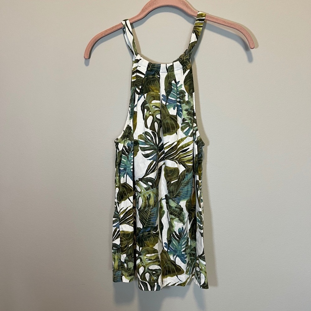Tommy Bahama Women's XS Tropical Monstera Leaf Print Linen Blend Halter Tie Top